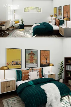 یک اتاق خواب التقاطی با رنگ های نگین و دیوار گالری.