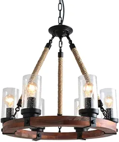لوستر چوبی گرد Anmytek C0008 با طناب شیشه ای بذر و آویز فلزی شش لامپ تزئینی چراغ سقفی عتیقه یکپارچه ، قهوه ای