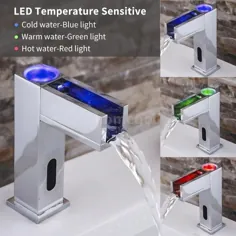 سنسور اتوماتیک شیر لمسی 3 رنگ LED دما دما حساس حمام سینک ظرفشویی Waterfall Spout کروم شیر آب برنجی تمام شده |  آرزو کردن