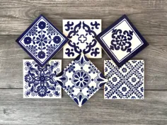 مجموعه ترکیبی از 6 زیر بشکه کاشی مکزیکی آبی و سفید |  اتسی