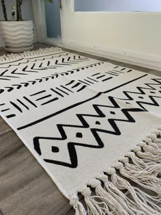 فرش Boho Area / فرش منطقه مشکی و سفید / فرش Doormat |  اتسی