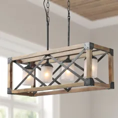 LNC Mari 27.5 in. 4-Light Hammered-Black Rustic Farmhouse Farm Walnut Wood Cage Island Lostelier with Shasted Cylinder Shade