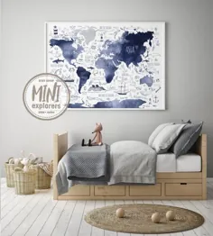 نقشه آبی نیروی دریایی برای کودکان ، هنر مهد کودک دریایی ، نقشه جهانی قابل چاپ ، هنر دیوار اتاق پسران ، هدیه پسر دریایی ، پوستر Globe ، نقشه جهانی آبرنگ