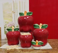 مجموعه ای از 4 عدد سرامیک قرمز سیب CANISTERS دکوراسیون منزل آشپزخانه کشور جدید