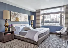 اتاق خواب آبی انتقالی با لامپ های سرامیکی فرانسوی |  لوکس داخلی + طراحی
