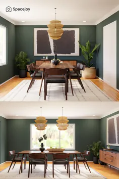 ایده طراحی اتاق ناهار خوری مدرن در اواسط قرن با دیوارهای سبز جنگلی ، گیاهان و آثار هنری بیانیه ای