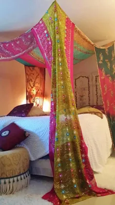 Boho Canopy ساخته شده به سفارش King Queen تزیین بوهمی منجوق دوزی اتاق خواب دختران ابریشم گلدوزی اتاق خواب پرده اتاق خواب Hippiewild