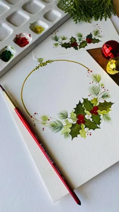 کارت کریسمس| گل های آبرنگ| نقاشی برگ کریسمس| هالی و توت ها