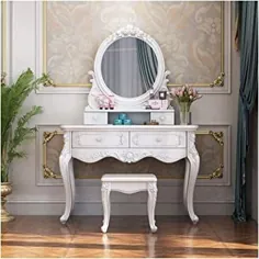 ست میز Vanity میز اتاق خواب مبلمان ویلا میز آراسته Vanity با آینه و چهارپایه ، آینه آرایش بیضی سبک کلاسیک نیمکت های بالشتک حکاکی شده ظریف چوب پایه های چوبی دکوراسیون خانه اتاق خواب ، خوابگاه