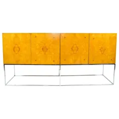 Milo Baughman Burl Wood Credenza با پایه Chrome