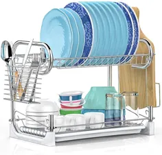 رک ظرفشویی ، رک خشک کن ظرف 2 طبقه کامبوند با تخته تخلیه ، نگهدارنده ظروف ، نگهدارنده تخته برش ، دستگاه ظرفشویی ضد زنگ برای آشپزخانه آشپزخانه