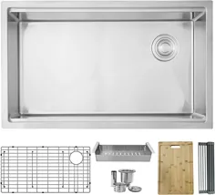 سینک ظرفشویی 33 "L x 19" L Single Bowl Undermount 16G Kitchen Ledge Workstation with Grid، Luxury Basket Strainer، Drying Rack، Colander and Bamboo Cutting Board، S-613W VERSA33 (33 x 19 inch)