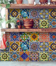 برچسب های لایه بردار و کاشی استیک کاشی Talavera مکزیکی Bleucoin کاشی کف حمام کاشی کف حمام ضد آب روغن ضد علامت متحرک ، نقاشی های دیواری (12 ، 4 "x 4" اینچ)