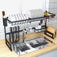 ظروف خشک کن روی ظرف ظرفشویی لوازم آشپزخانه قفسه ذخیره سازی فضای میز محافظ صفحه نمایش پایه میز کارد و چنگال نگهدارنده ظروف نگهدارنده ظروف از جنس استنلس استیل ، سیاه