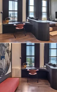 Headboard به یک میز می رود تا یک دفتر خانه کوچک در این اتاق خواب ایجاد کنید