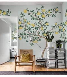 چکیده آبرنگ دست نقاشی شده درختان لیمو تصویر زمینه دیواری ، سبک حومه آمریکایی درختان لیمو دیوار نقاشی دیواری دیوار