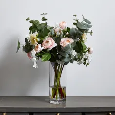 Blush Real Touch Ranunculus، Cream Dahlia & Eucalyptus Everyday Spring Floral Arrangement in Tall Glass Vase - عنوان پیش فرض