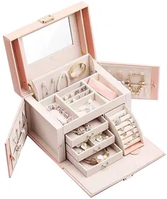 Vlando Mirrored Box Jewelry Organizer for Girls Women Vintage Gift Gift - دارنده نمایشگر ذخیره سازی جواهرات چرمی Faux ، صورتی