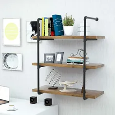 قفسه های لوله های صنعتی mecor با چوب 3 - ردیف ، قفسه کوهی دیواری 35.1 اینچ ، قفسه کتاب براکت آویز فلزی ، قفسه های شناور قفسه ذخیره سازی DIY