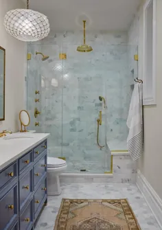 دستشویی حمام آبی با فرش ایرانی بژ و طلایی - انتقالی - حمام