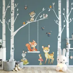 Woodland Nursery Decor 4 Birch Forest Animals Fox Deer Raccoon Bunny Wall Decal Neutral پسر دختر اتاق کودک