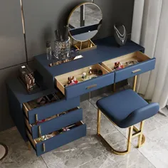 میز آرایشی مدرن و آبی غنیمت جمع شده میز آرایش 5 کشو کابینت و چهارپایه و آینه شامل بزرگ