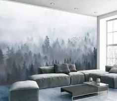 کاغذ دیواری کوه مه آلود نقاشی دیواری دیواری جنگلی مه آلود برای اتاق خواب خانه درخت دیوار هنر عکس برگردان