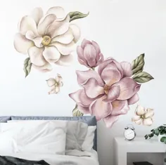استیکر دیواری پارچه ای گل مگنولیا صورتی آبرنگ |  اتسی