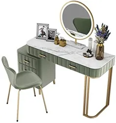 میز Vanity ، میز Vanity Makeup با آینه LED قابل تنظیم ، صفحه میز تخته سنگ مرمر ، روکش فلانل ، کمد 3 لایه ، ست نیمکت و میز ، میز دخترانه میز آرایشی چند منظوره