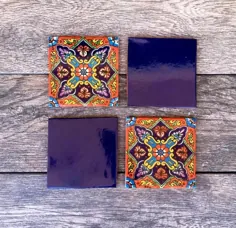 مجموعه ترکیبی از 4 زیر بشکه کاشی مکزیکی آبی و نارنجی
