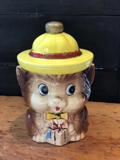 شیشه کوکی گربه ، بچه گربه ، شیشه بیسکویت ، محل نگهداری آشپزخانه ، کلاه زرد ، اواسط قرن ، تقریبا 9 1/2 "H x 5