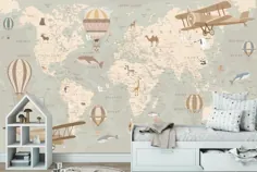 نقشه جهان با حیوانات وینیل کودکان و نوجوانان عکس تصویر زمینه مهد کودک تزئین دیوار بزرگ دیوارهای دیواری Ecowallpaper