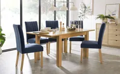 میز ناهار خوری بلندی بلوط همیلتون 120-170 سانتی متری با 6 صندلی مخملی آبی سالیسبری |  مبلمان و انتخاب