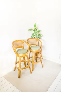 جفت صندلی چرخشی بامبو / چهارپایه میخانه چوب خیزران ، صندلی های حصیری عصا ، Boho / Hollywood Regency Mid Century