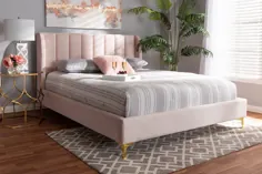 Baxton Studio Saverio Glam & Luxe Light Pink Velvet Fabric Tapsized Queen Size Platform bed / Tones Tones Legs - BBT6765-Light Pink-Queen