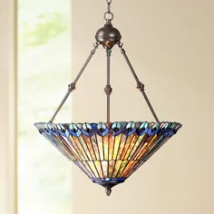 Peacock Glass 3-light 20 "Wide Tiffany سبک آویز آویز - # V7228 | لامپ های Plus