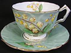 AYNSLEY BEADED LILY OF THE VALLEY SAGE GREEN TEA CUP and SACCER