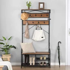 O&K FURNITURE Tree Hall with Storage Storage، نیمکت ورودی با قفسه کت، نیمکت Mudroom with Storage and Hooks، Brown