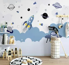 کارتون فضا و سیارات کاغذ دیواری دیوار نقاشی کودکستان |  اتسی