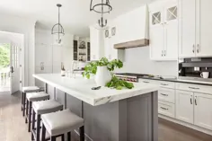 جزیره خاکستری کبوتر با چهارپایه چرم خاکستری روشن پشتی - انتقالی - آشپزخانه