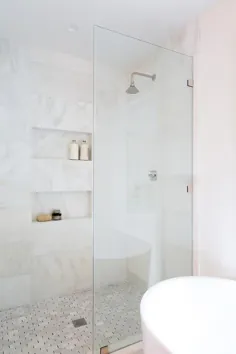 کاشی های دیواری افقی دوش مرمر سفید و طلایی - انتقالی - حمام