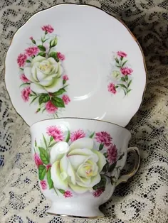 LOVELY لیوان چای خوری و بشقاب سلطنتی سلطنتی انگلیسی استخوان چین گل سرخ سفید گل رز جام و نعلبکی چای فنجان و بشقاب هدیه عروس هدیه گرم خانه