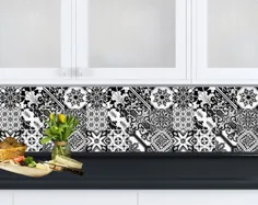 طرح سیاه و سفید 24 برچسب کاشی مکزیکی به سبک Talavera برچسب های Splashback مخلوط برای دیوارها تزئینات آشپزخانه حمام تزئینات راه پله SB25