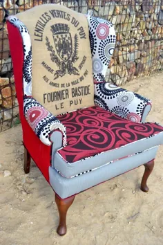 صندلی وینگ بک با پارچه قرمز و گونی دانه فرانسوی Vintage |  اتسی