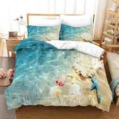مجموعه خواب ملافه Ocean Beach Commed Teal Teal Nature Theme الگو مدل Ocean Beach Comforter Queen برای دختران دختر 1 Comforter 2 Pillowcases (Ocean، Queen)