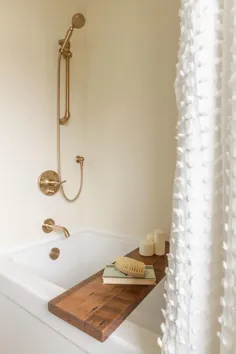 سینی وان چوبی با پرده دوش منگوله ای سفید - انتقالی - حمام