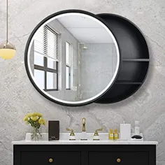 کابینت آینه حمام روشنایی L&ED ، آینه ذخیره سازی با چوب جامد ، آینه گرد غشایی دیواری ، سوییچ لمسی (اثبات انفجار)