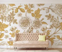 کاغذ دیواری گلدار سفید و طلایی با پرنده خود چسب |  اتسی