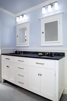 دستشویی دو نفره آبی رنگ صنعتگر با کف کاشی های پنی و سقف نقاشی شده