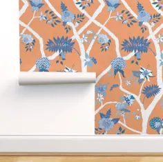 کاغذ دیواری گل شاخه گل صد تومانی نارنجی آبی سفید توسط Danika |  اتسی